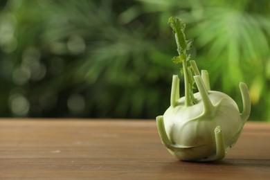 Photo of Whole ripe kohlrabi plant on wooden table. Space for text