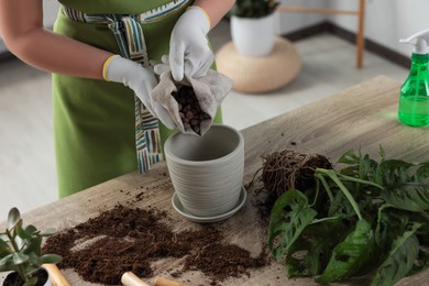 Photo of Woman filling flowerpot with drainage at table indoors, closeup. Houseplant care