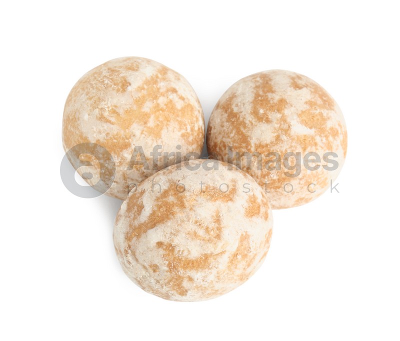 Photo of Tasty homemade gingerbread cookies on white background, top view