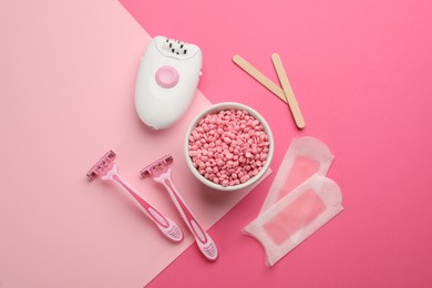 Set of epilation products on color background, flat lay