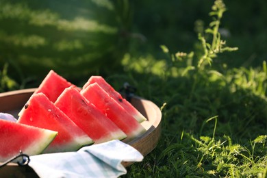 Slices of tasty ripe watermelon on green grass outdoors, closeup. Space for text