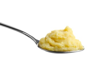 Spoon of tasty mashed potatoes isolated on white