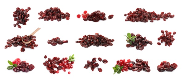 Collage with dried cranberries on white background, banner design