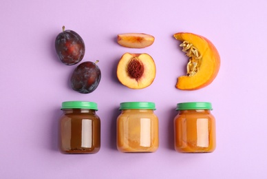 Flat lay composition with healthy baby food and ingredients on violet background