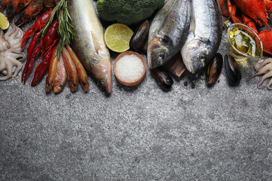 Fresh fish and different seafood on grey table, flat lay. Space for text