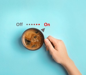 Image of Coffee break. Woman with cup of aromatic hot drink on turquoise background, top view