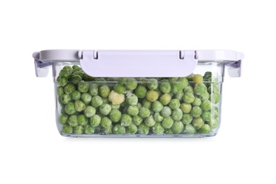 Photo of Box with green peas on white background