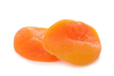 Tasty apricots on white background. Dried fruit as healthy food