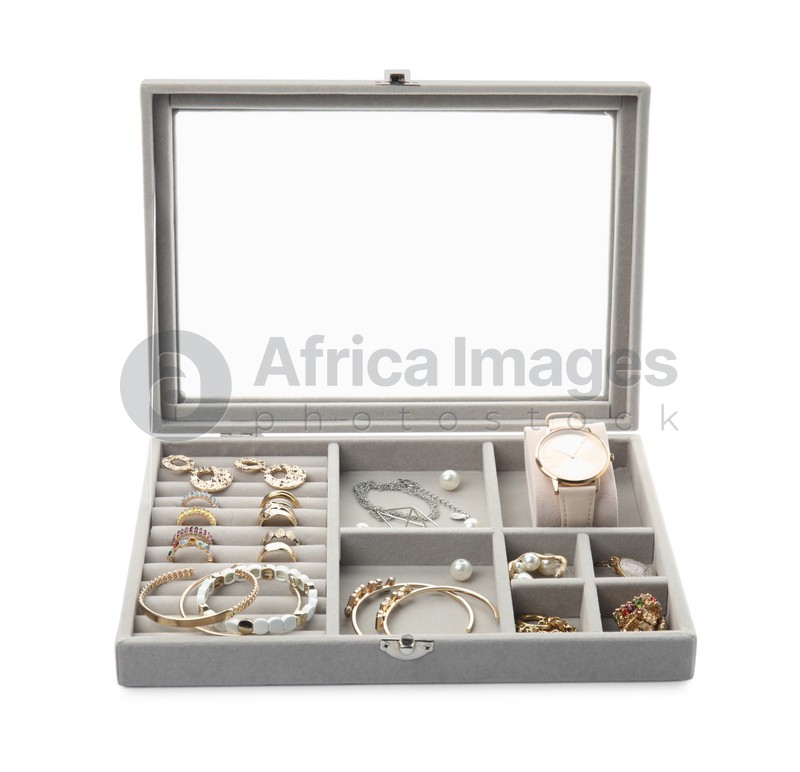 Elegant jewelry box with beautiful bijouterie isolated on white 