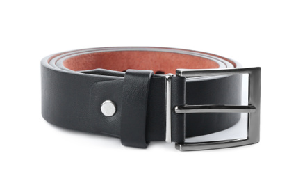Photo of Stylish black leather belt isolated on white