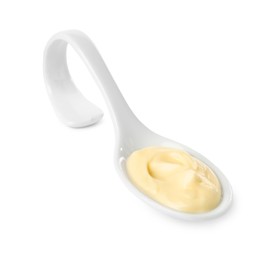 Mayonnaise in ceramic serving spoon isolated on white