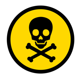 Skull and crossbones in yellow circle on white background as warning symbol