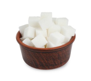 Bowl with cubes of refined sugar isolated on white