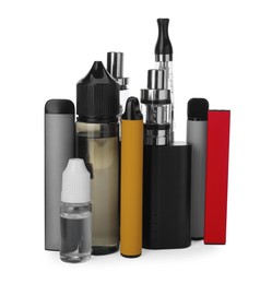 Many electronic smoking devices and liquid solutions on white background