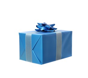 Light blue gift box with bow isolated on white