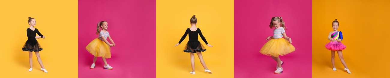 Collage with photos of cute little girls dancing on different color backgrounds. Banner design