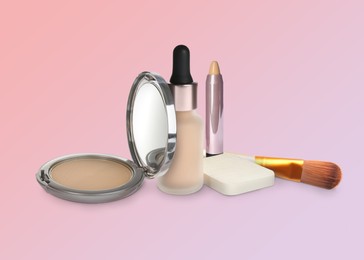 Set with different decorative cosmetics on pink background. Luxurious makeup products
