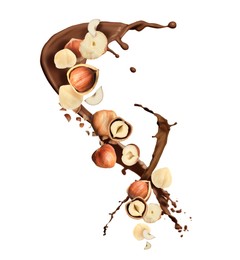 Pieces of tasty hazelnuts and delicious melted chocolate flying on white background