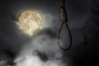 Rope noose with knot outdoors on full moon night
