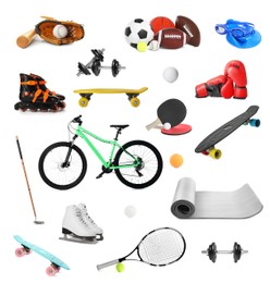 Image of Set with different sports equipment on white background. Active lifestyle