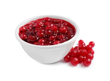 Cranberry sauce and fresh berries on white background