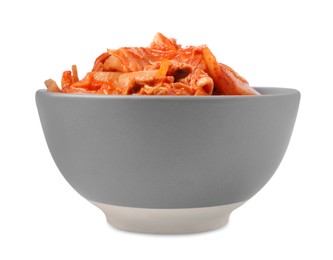 Photo of Bowl of spicy cabbage kimchi isolated on white