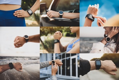 Photos of people using different smart watches, closeup. Collage design 