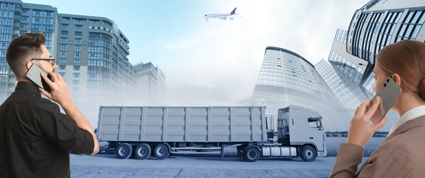 Logistics concept, banner design. People talking by phones. Truck, plane and buildings on background, toned in blue