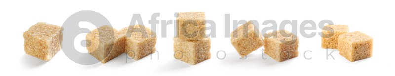 Set with cubes of brown sugar on white background. Banner design