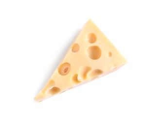 Photo of Piece of cheese with holes isolated on white, top view
