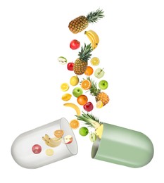 Dietary supplements. Capsule and different fresh fruits flying on white background