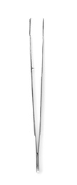 Stainless forceps on white background, top view. Medical tool
