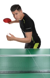 Handsome man playing ping pong on white background