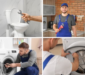 Collage with photos of professional plumbers and their tools