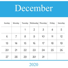 Illustration of 2020 December calendar design on white background