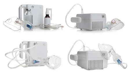Set of modern nebulizers on white background. Inhalation equipment