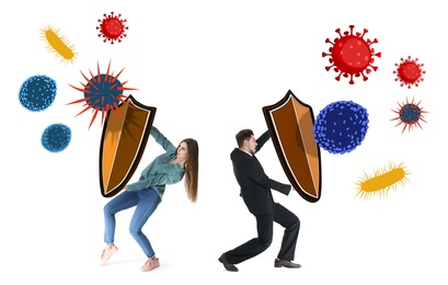 Be healthy - boost your immunity. Man and woman blocking viruses with shields, illustration