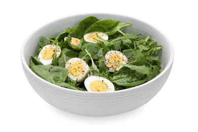 Photo of Delicious salad with boiled eggs and herbs in bowl isolated on white