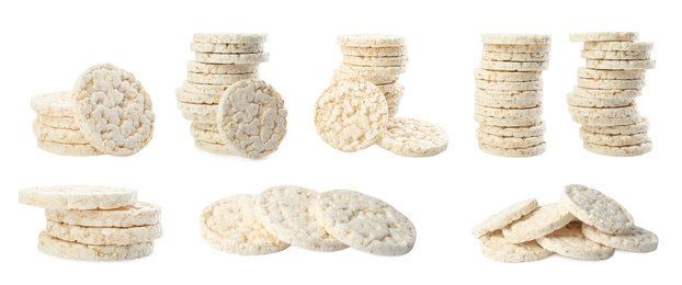 Set of puffed rice cakes on white background