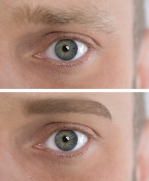 Collage with photos of man before and after eyebrow modeling, closeup