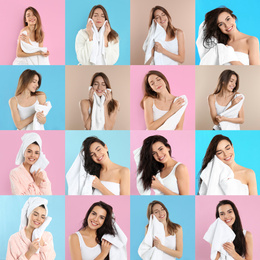 Collage of women with towels on different color backgrounds