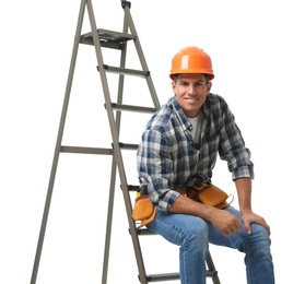 Professional builder sitting on metal ladder against white background