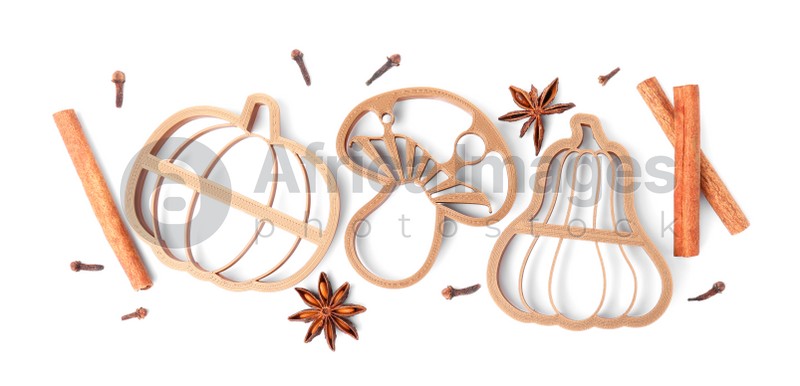 Photo of Different cookie cutters and spices on white background, top view