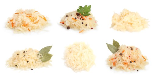 Set with tasty fermented cabbage with carrot on white background. Banner design