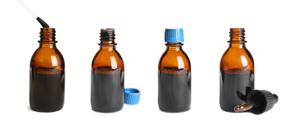 Image of Set with bottles of medical iodine on white background. Banner design 
