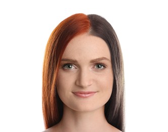 Beautiful young woman before and after hair dyeing on white background 