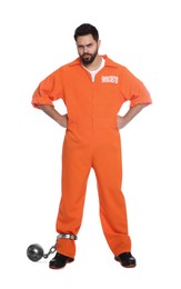 Prisoner in jumpsuit with metal ball on white background