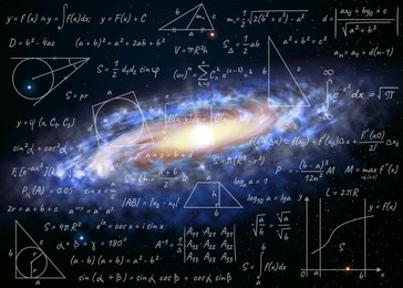 Illustration of basic physics and mathematics formulas and galaxy in universe