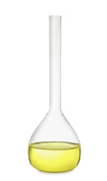 Volumetric flask with yellow liquid isolated on white
