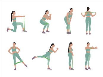 Woman doing exercises with fitness elastic band on white background, collage. Vector illustration